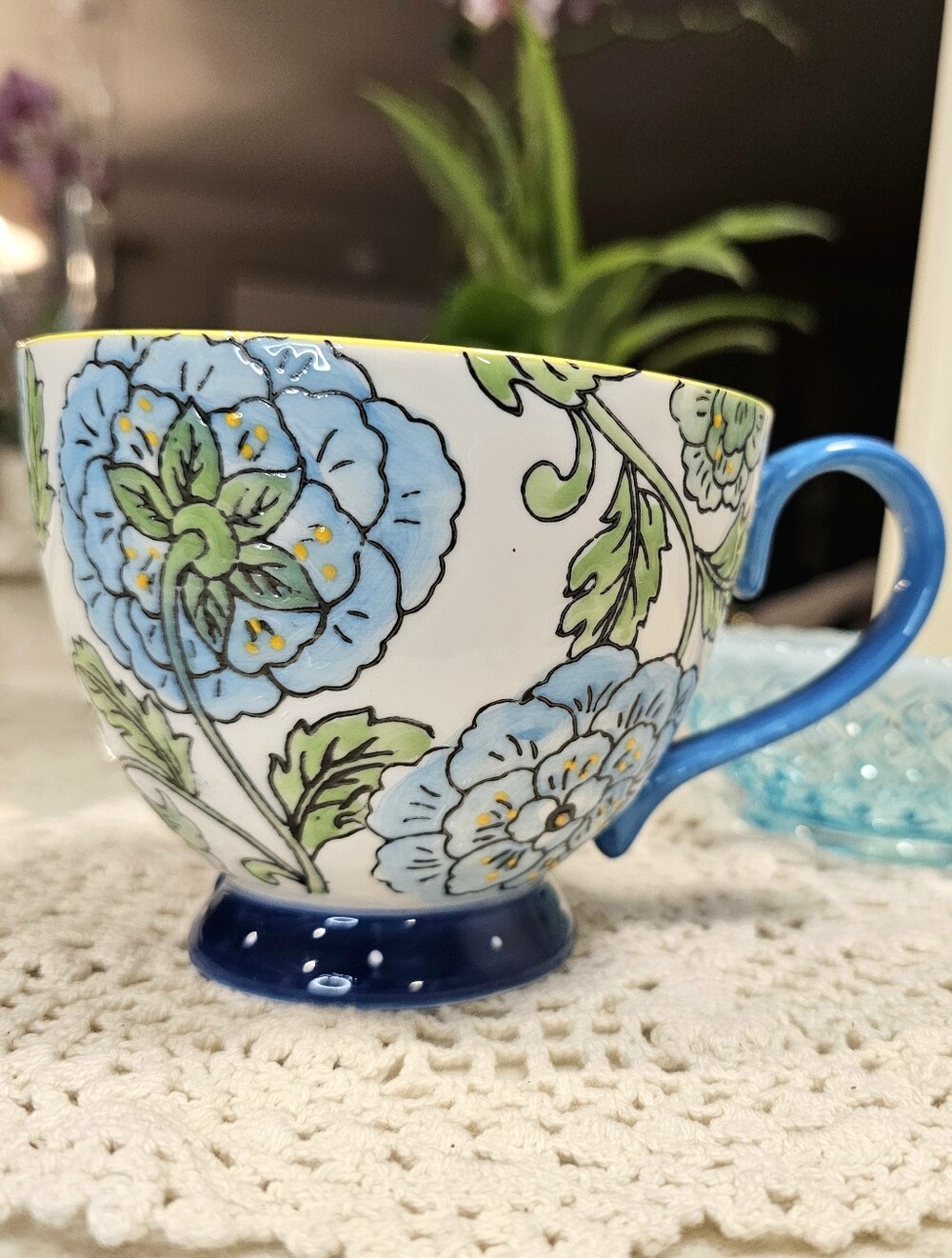 Blue Handpainted Floral Ceramuc Mug Pedestal Base Garden Teacup Special Moments